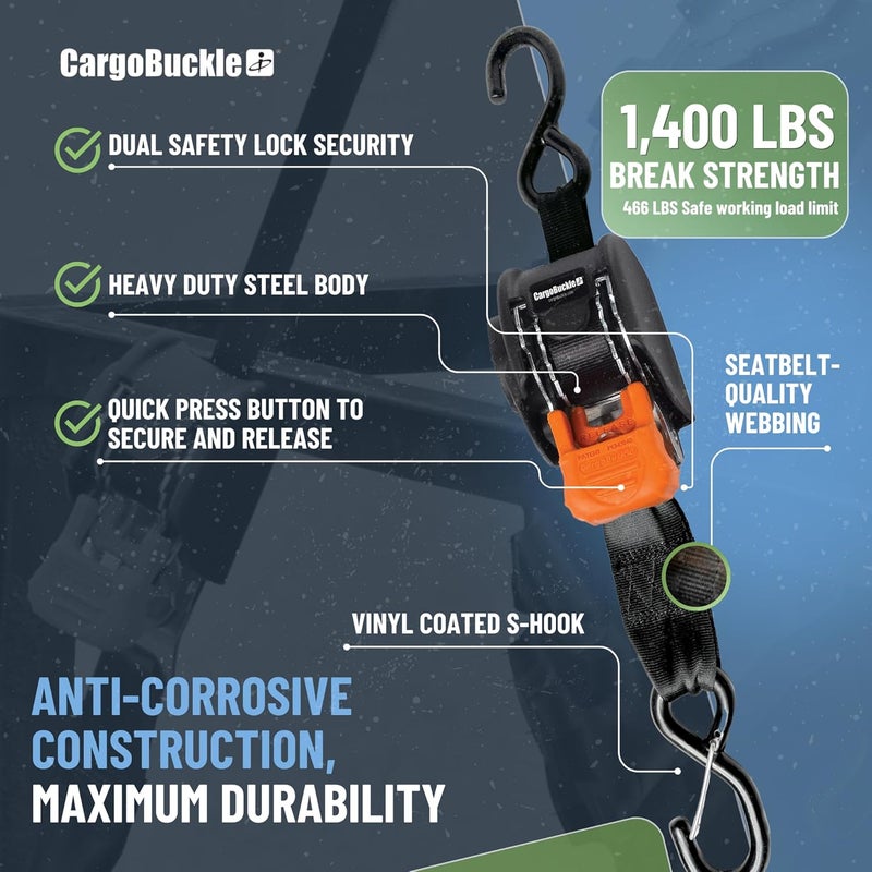 CargoBuckle Mini G3 Retractable Ratchet Straps with Dual S-Hooks, 1400 lbs Break Strength, 1-Inch Width X 6 ft Reach, Auto Ratchet Straps for Trailers, Toy Haulers, ATVs, and Motorcycles - 2 Pack - Image 5